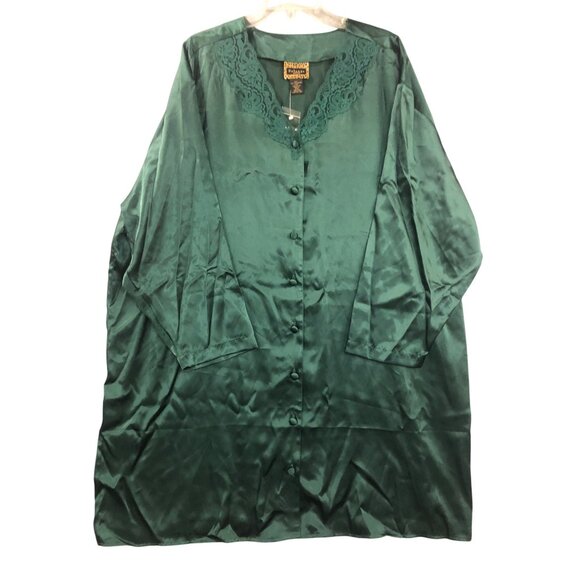 Solange Nightgown Womens Size 22/24 Satin Button-Down Dark Green Lace Trim Plus - Picture 1 of 8